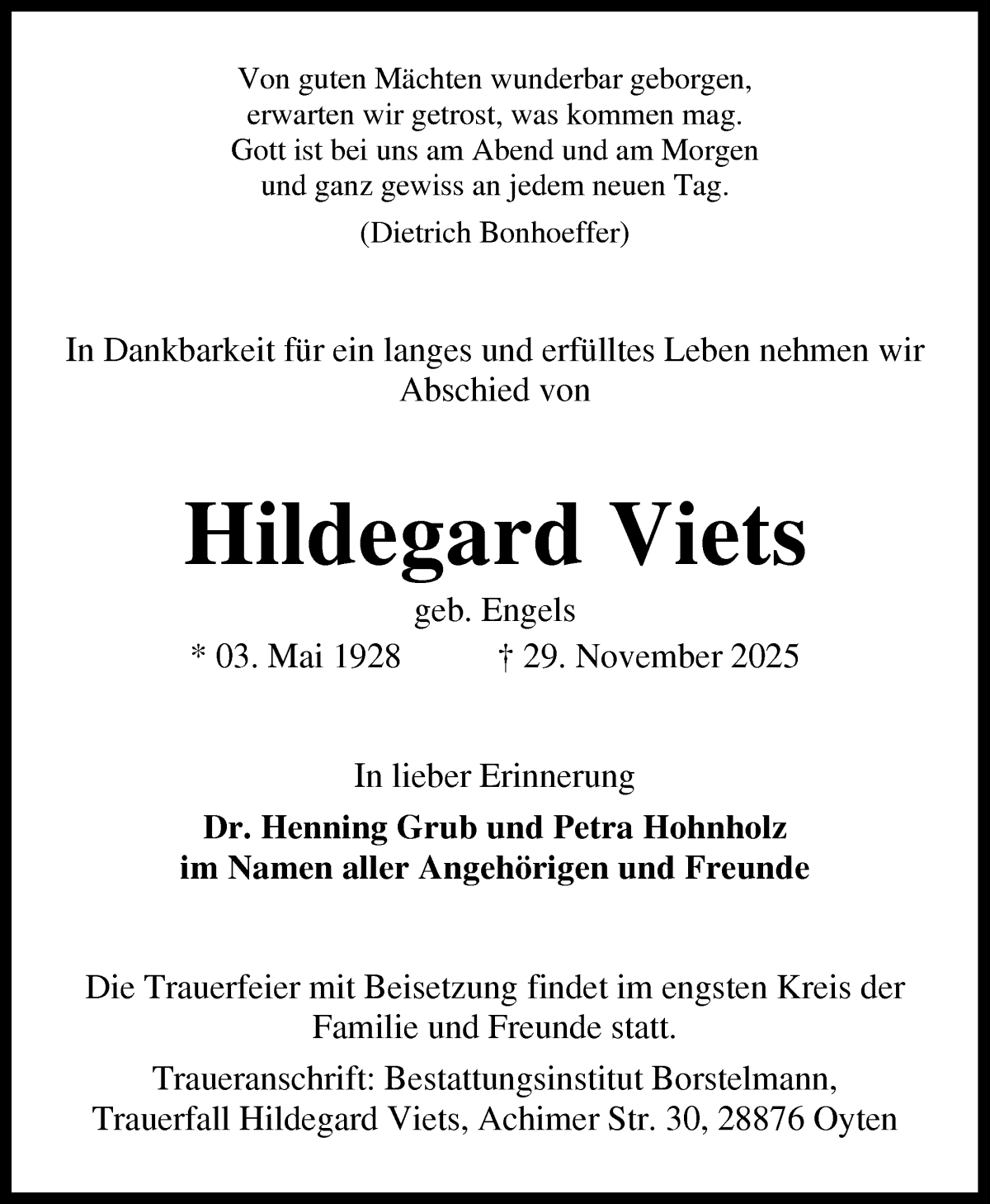Traueranzeige von Hildegard Viets von WESER-KURIER