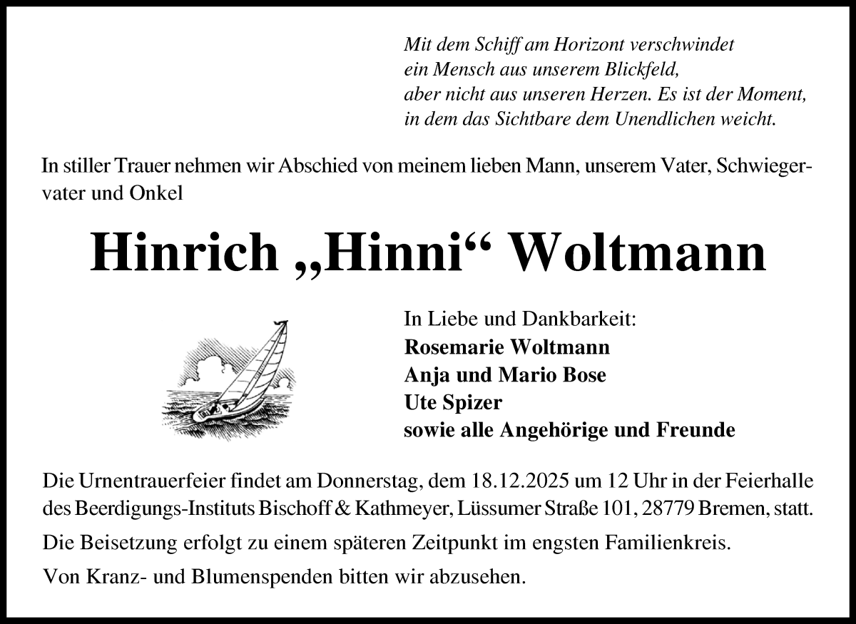  Traueranzeige für Hinrich Woltmann vom 13.12.2025 aus Die Norddeutsche