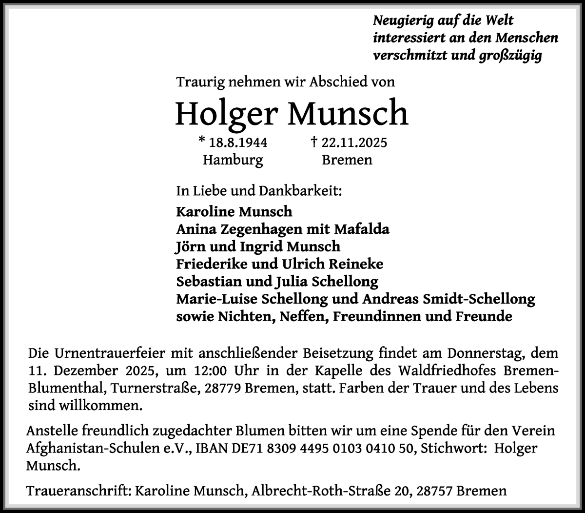 Traueranzeige von Holger Munsch von Die Norddeutsche