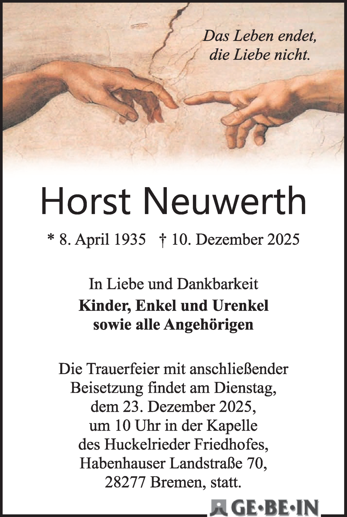 Traueranzeige von Horst Neuwerth von WESER-KURIER