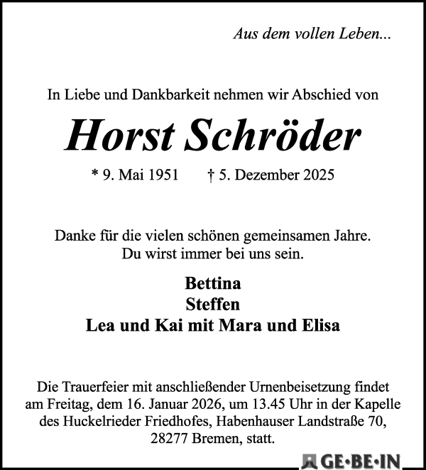 Traueranzeige von Horst Schröder von WESER-KURIER