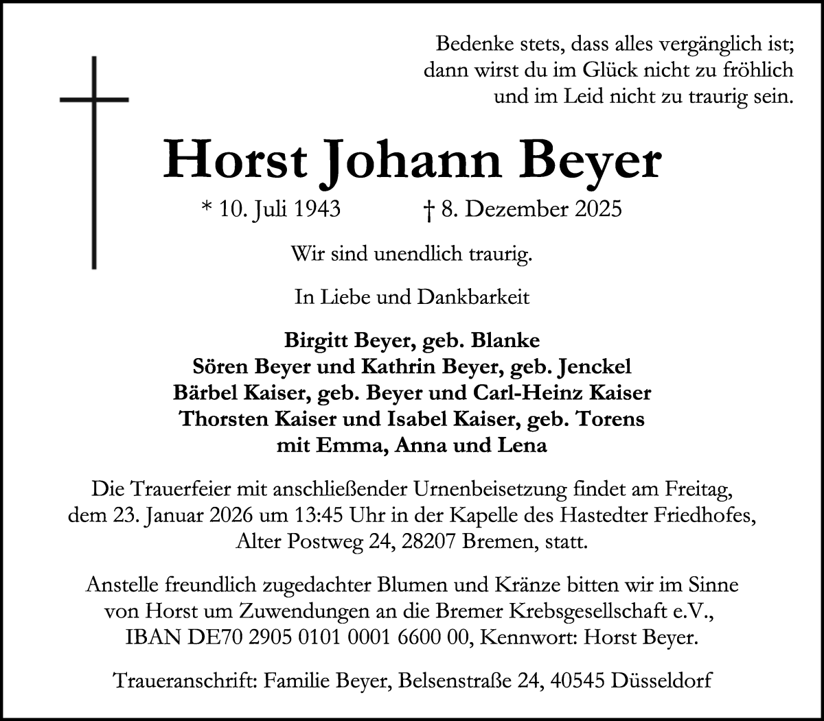 Traueranzeige von Horst Johann Beyer von WESER-KURIER
