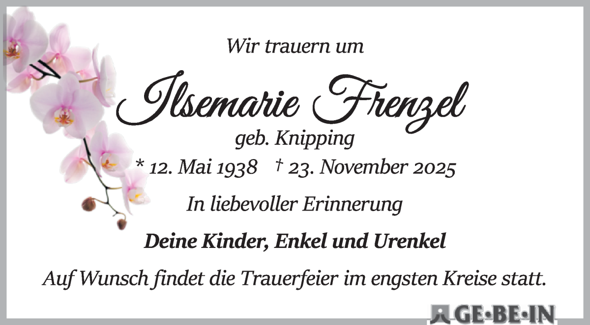Traueranzeige von Ilsemarie Frenzel von Osterholzer Kreisblatt