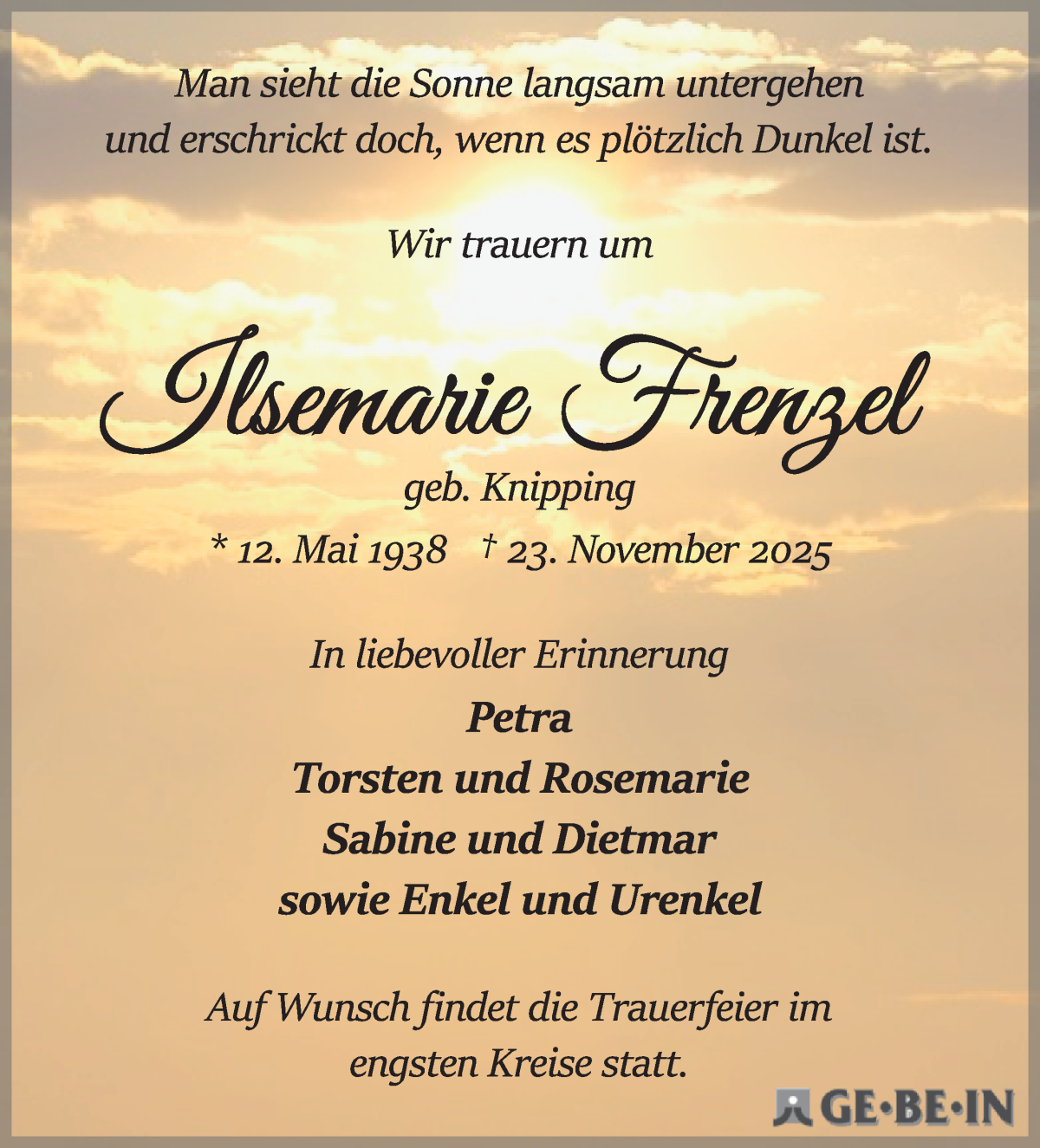 Traueranzeige von Ilsemarie Frenzel von WESER-KURIER