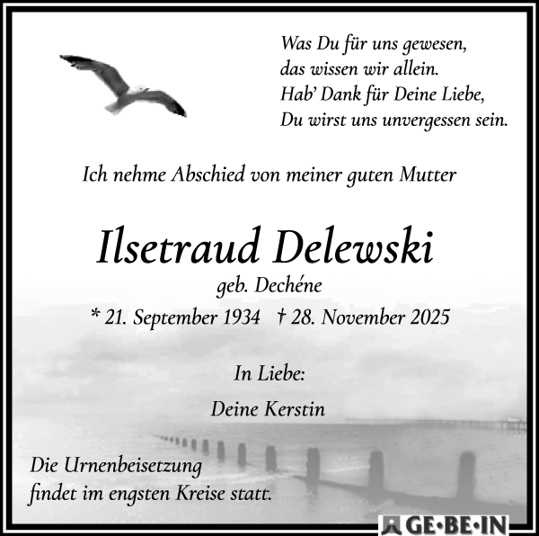 Traueranzeige von Ilsetraud Delewski von WESER-KURIER
