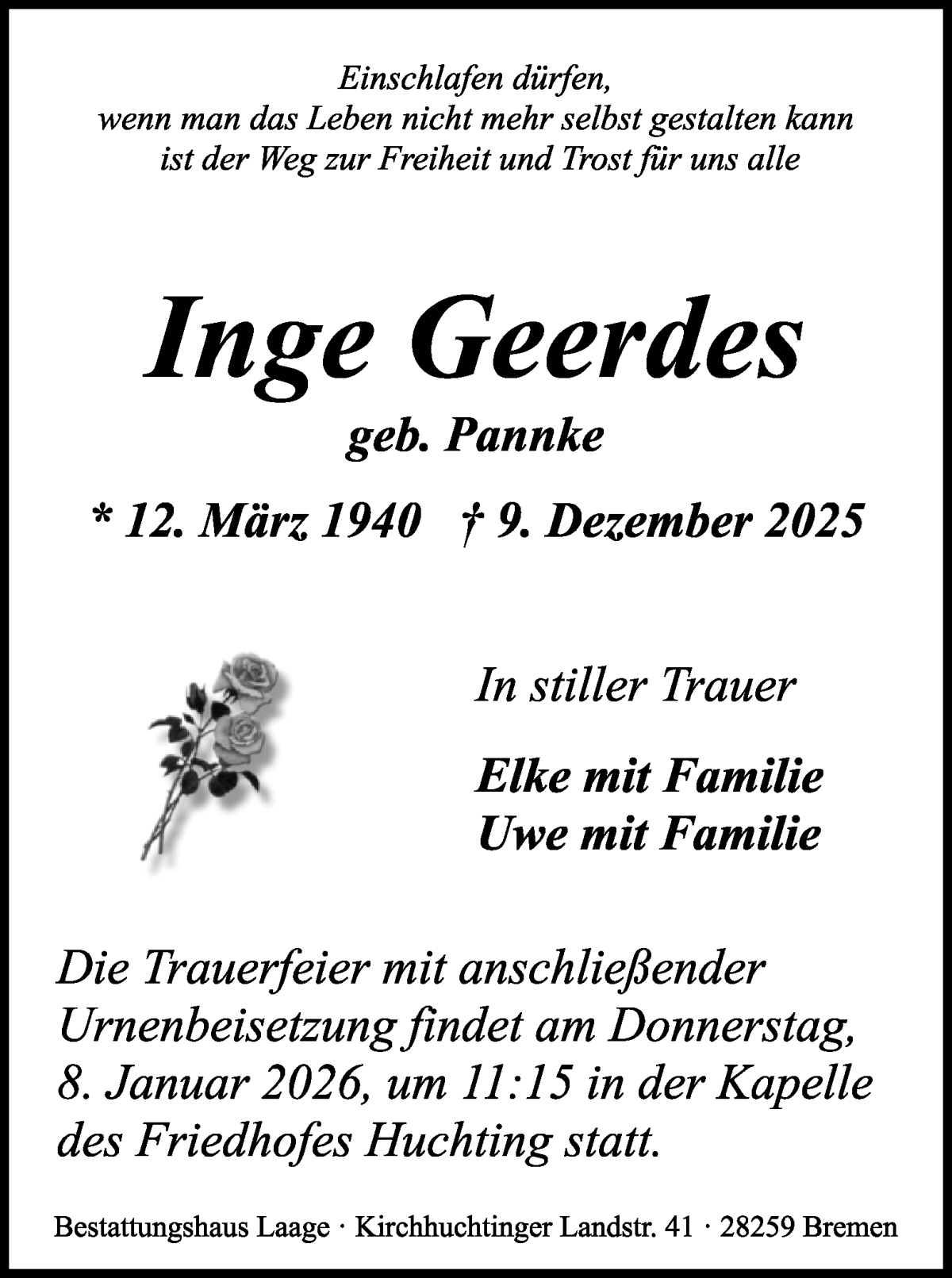 Traueranzeige von Inge Geerdes von WESER-KURIER