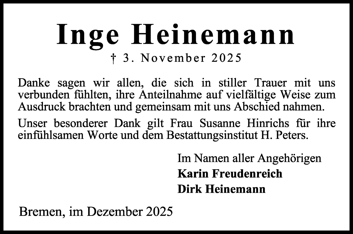 Traueranzeige von Inge Heinemann von WESER-KURIER