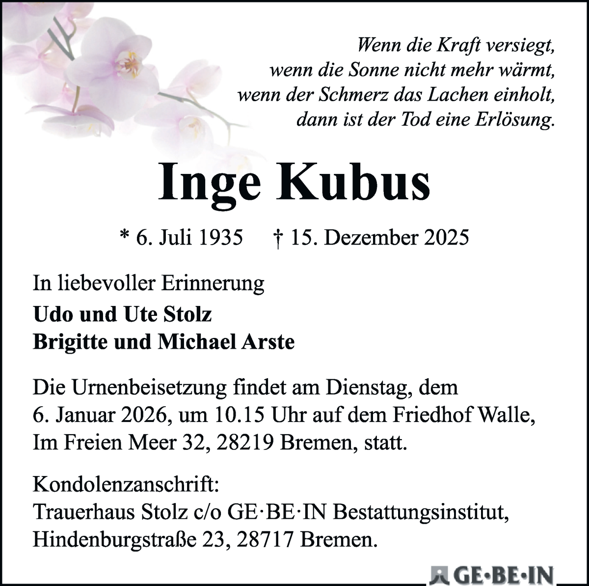 Traueranzeige von Inge Kubus von WESER-KURIER