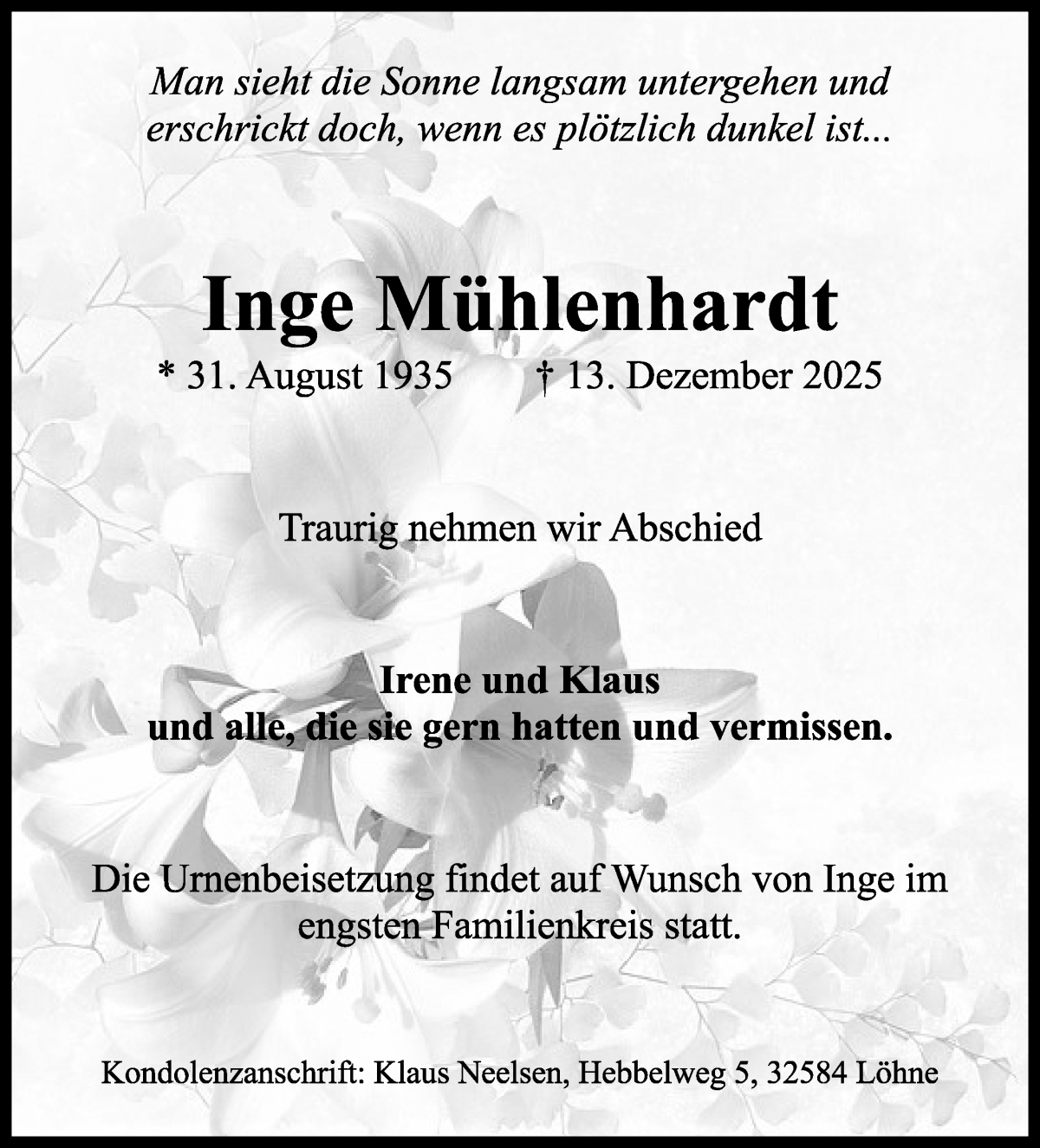 Traueranzeige von Inge Mühlenhardt von WESER-KURIER