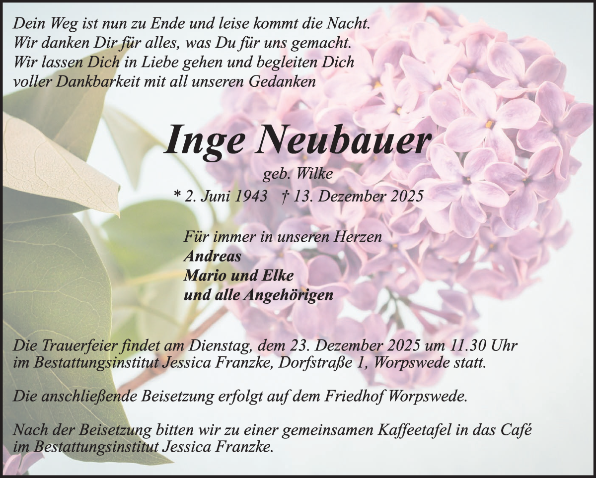 Traueranzeige von Inge Neubauer von Wuemme Zeitung