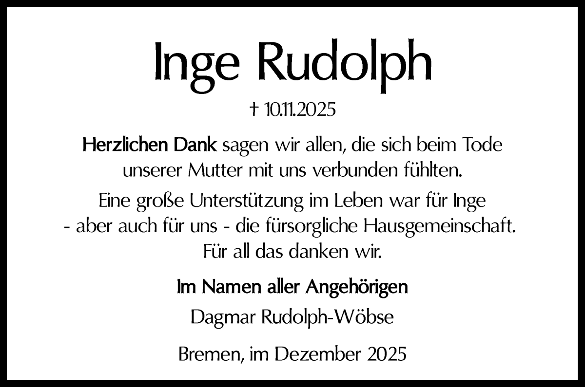 Traueranzeige von Inge Rudolph von WESER-KURIER