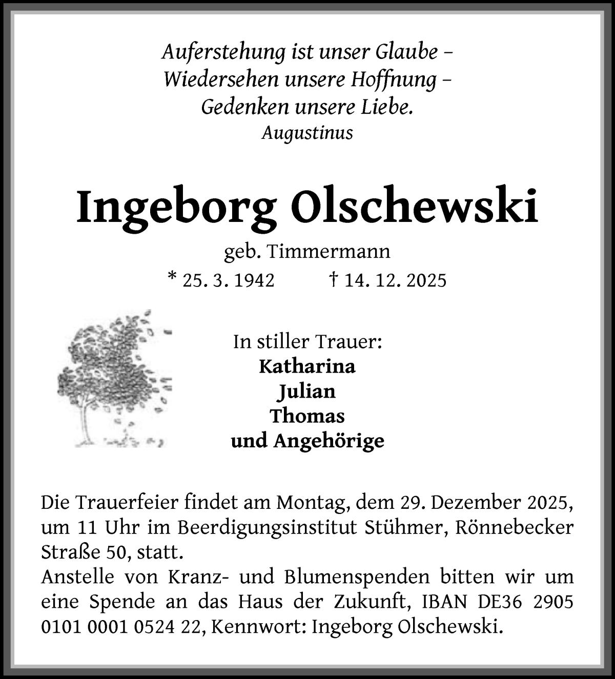 Traueranzeige von Ingeborg Olschewski von Die Norddeutsche