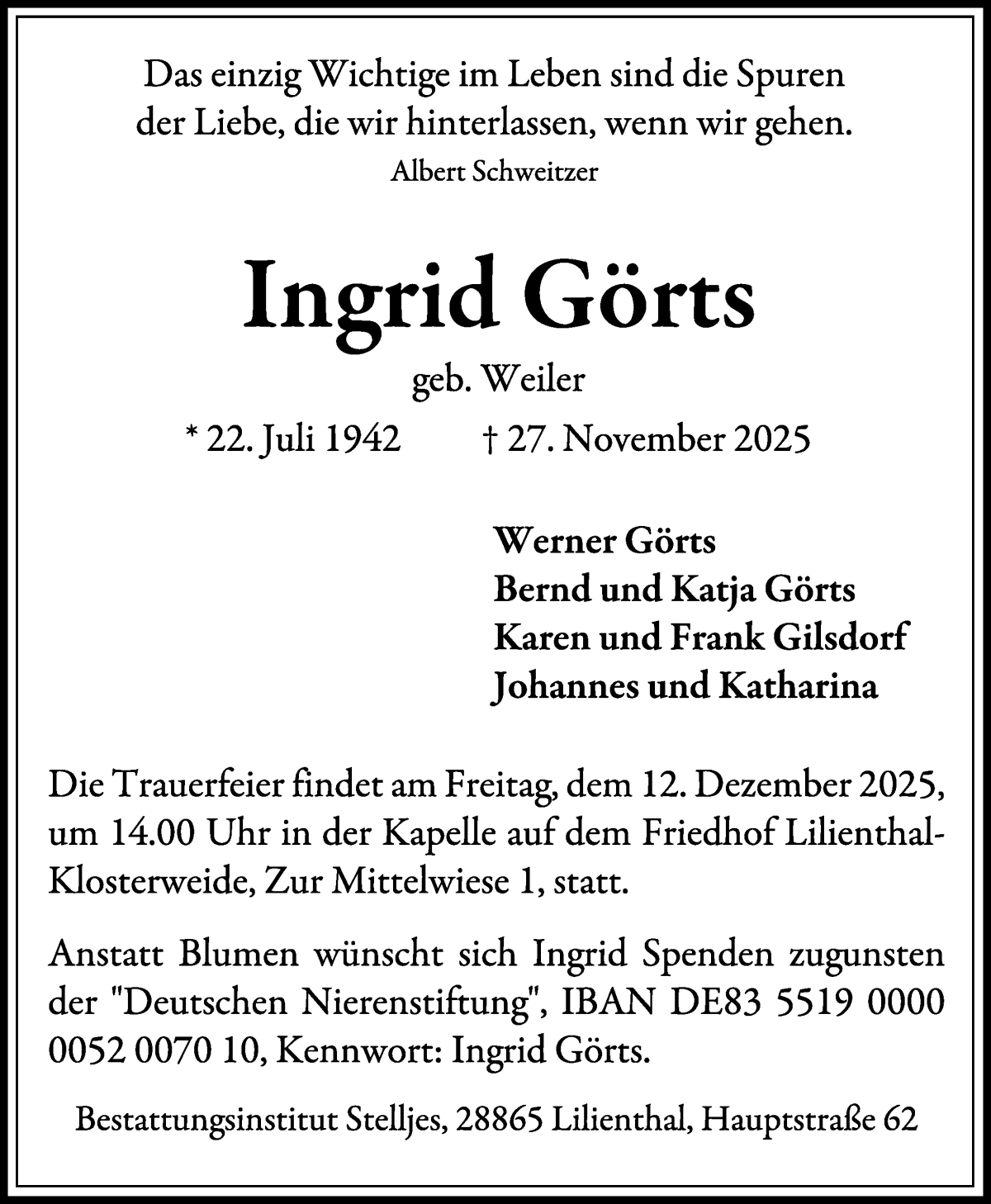 Traueranzeige von Ingrid Görts von Wuemme Zeitung