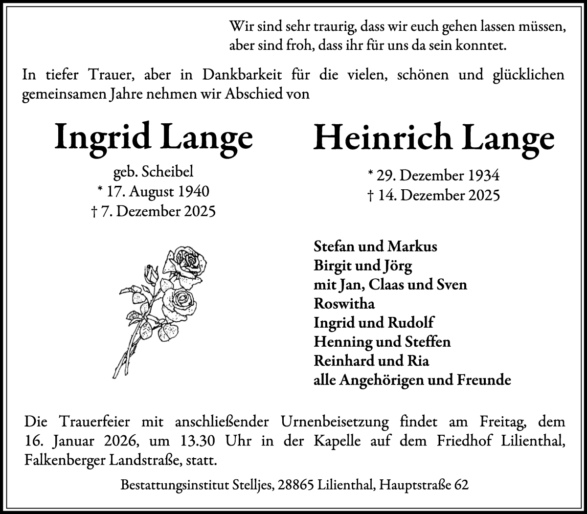 Traueranzeige von Ingrid Lange von WESER-KURIER