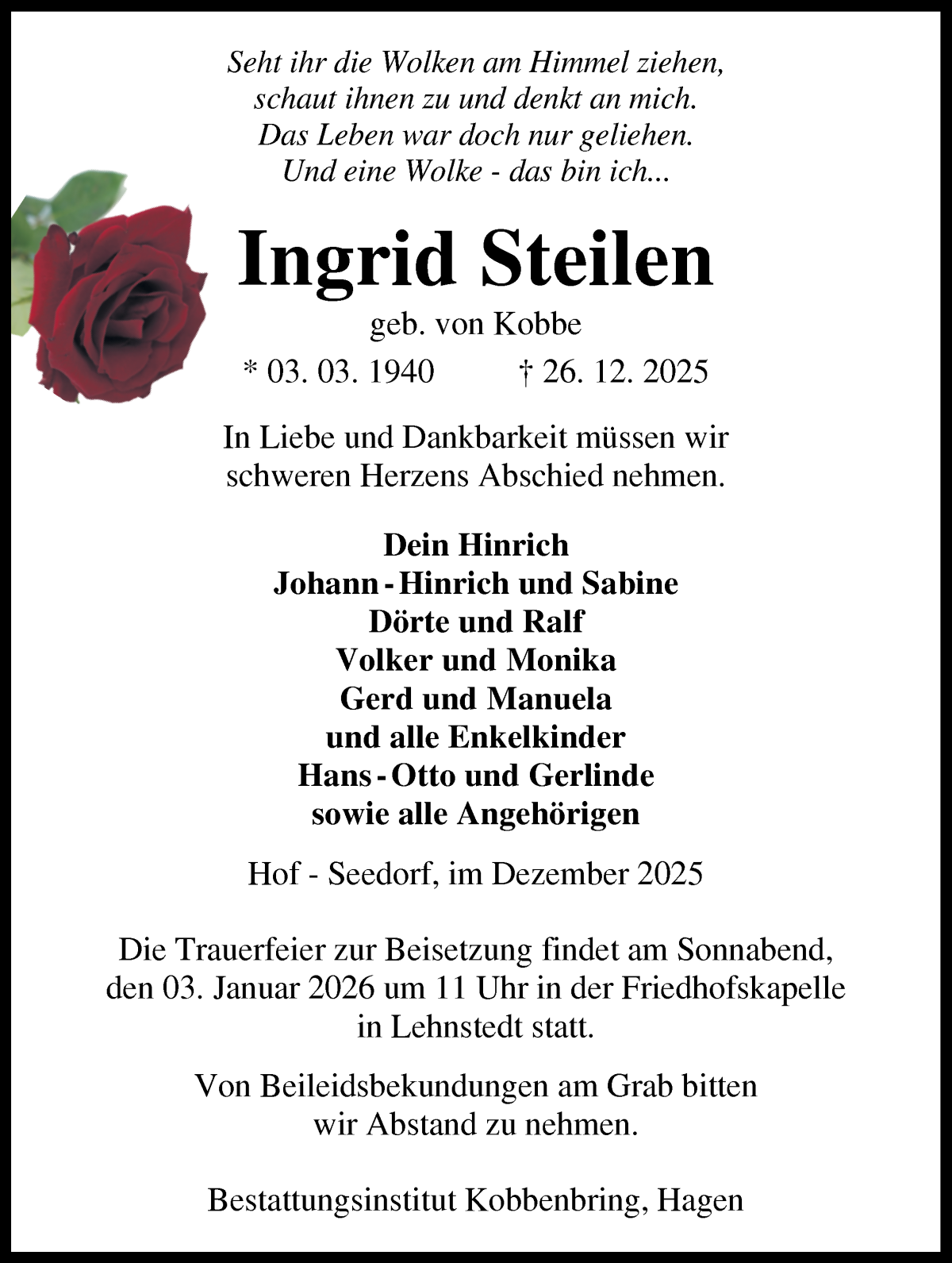 Traueranzeige von Ingrid Steilen von Die Norddeutsche