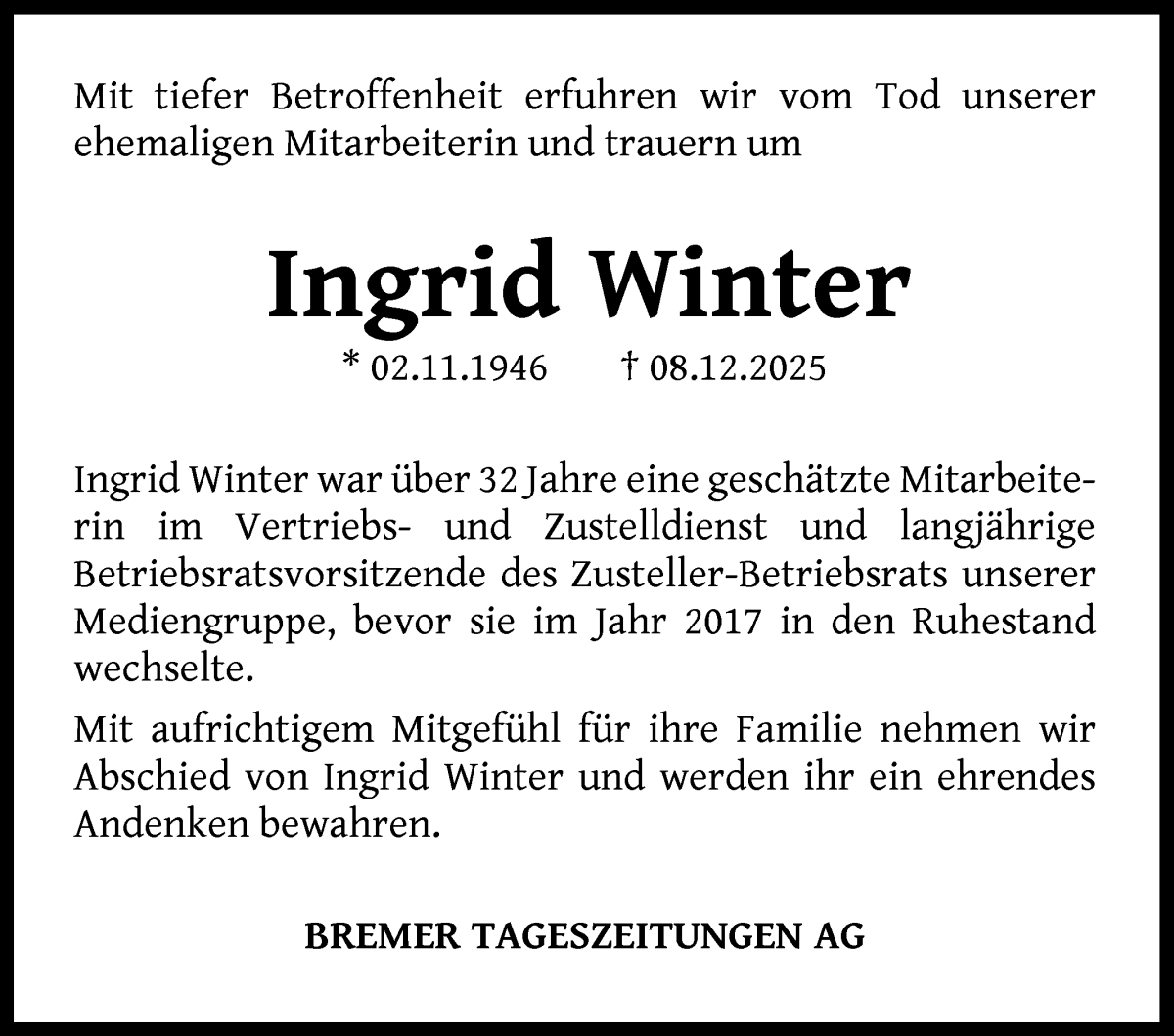 Traueranzeige von Ingrid Winter von WESER-KURIER