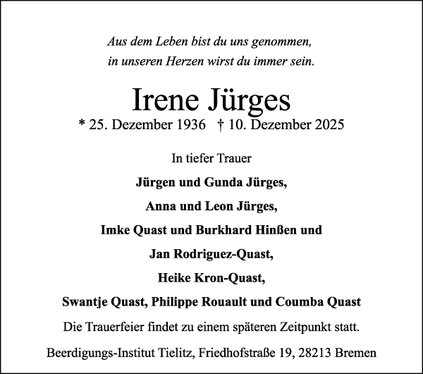 Traueranzeige von Irene Jürges von WESER-KURIER