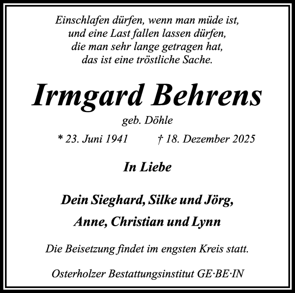 Traueranzeige von Irmgard Behrens von WESER-KURIER
