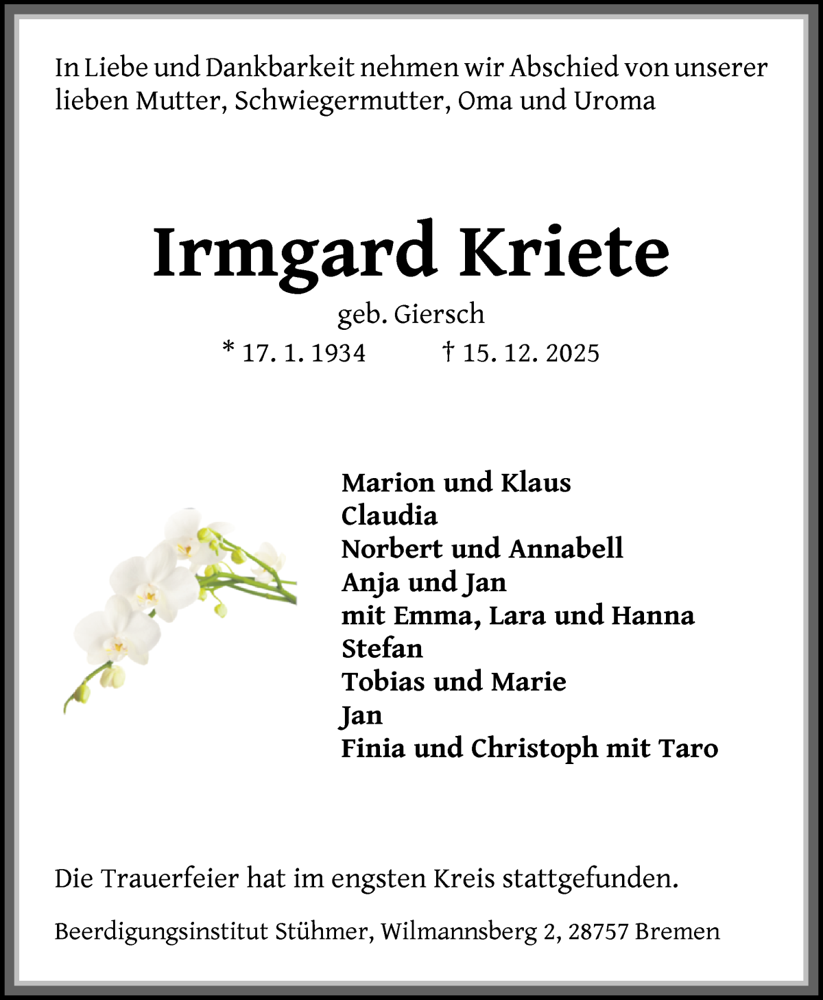 Traueranzeige von Irmgard Kriete von Die Norddeutsche