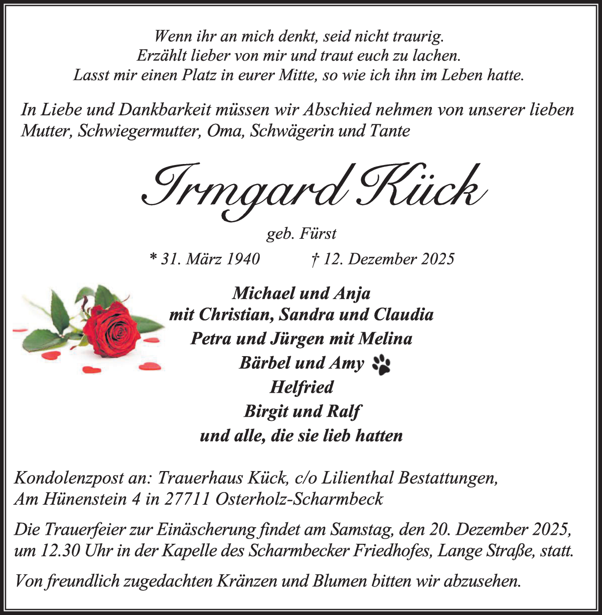 Traueranzeige von Irmgard Kück von Osterholzer Kreisblatt