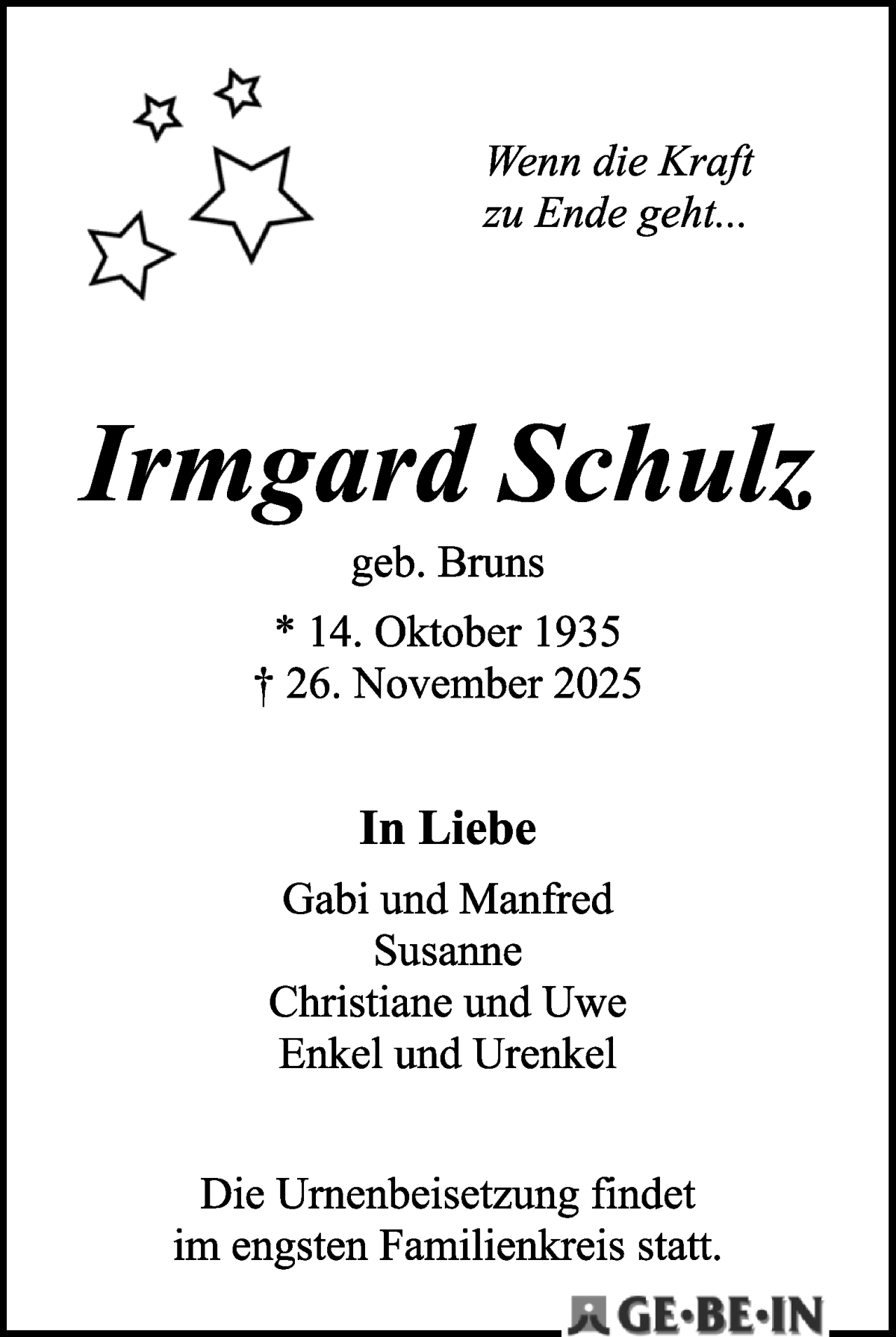  Traueranzeige für Irmgard Schulz vom 06.12.2025 aus WESER-KURIER