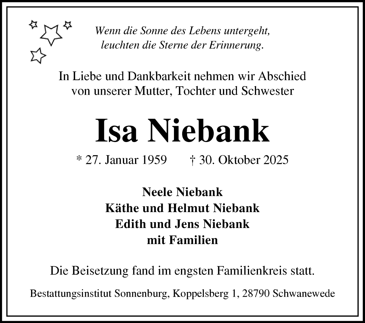 Traueranzeige von Isa Niebank von Die Norddeutsche