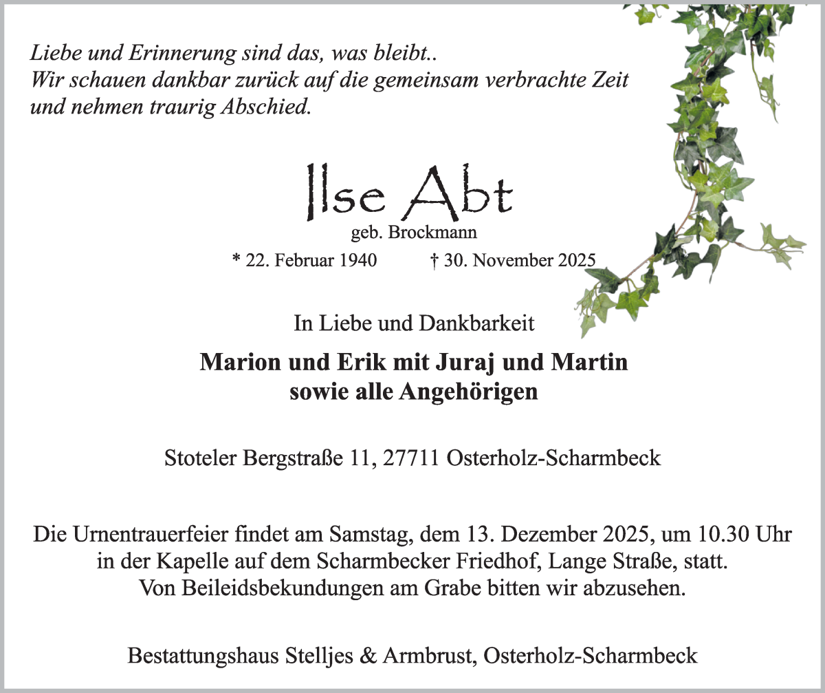 Traueranzeige von Ise Abt von Osterholzer Kreisblatt