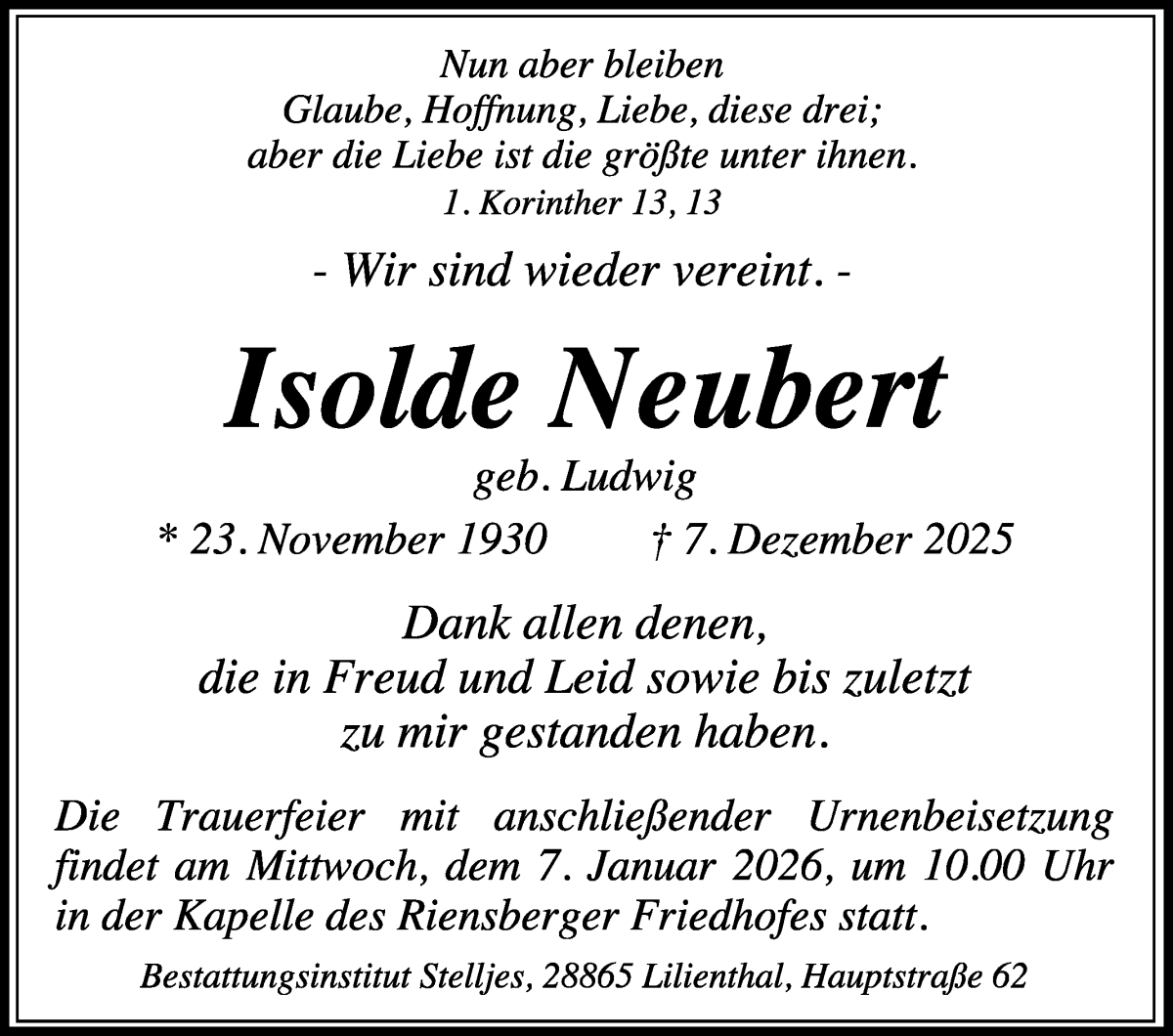 Traueranzeige von Isolde Neubert von WESER-KURIER
