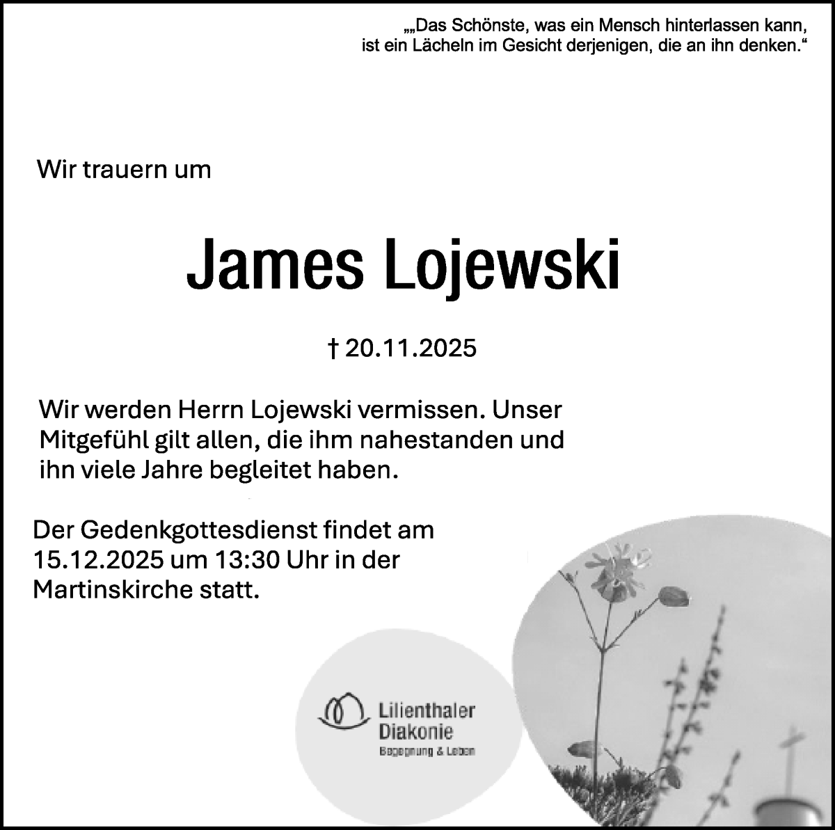 Traueranzeige von James Lojewski von Wuemme Zeitung