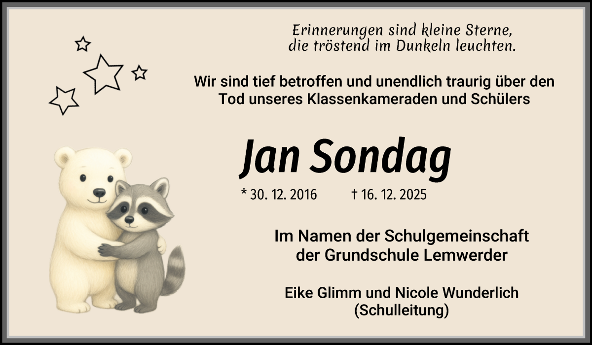 Traueranzeige von Jan Sondag von Die Norddeutsche