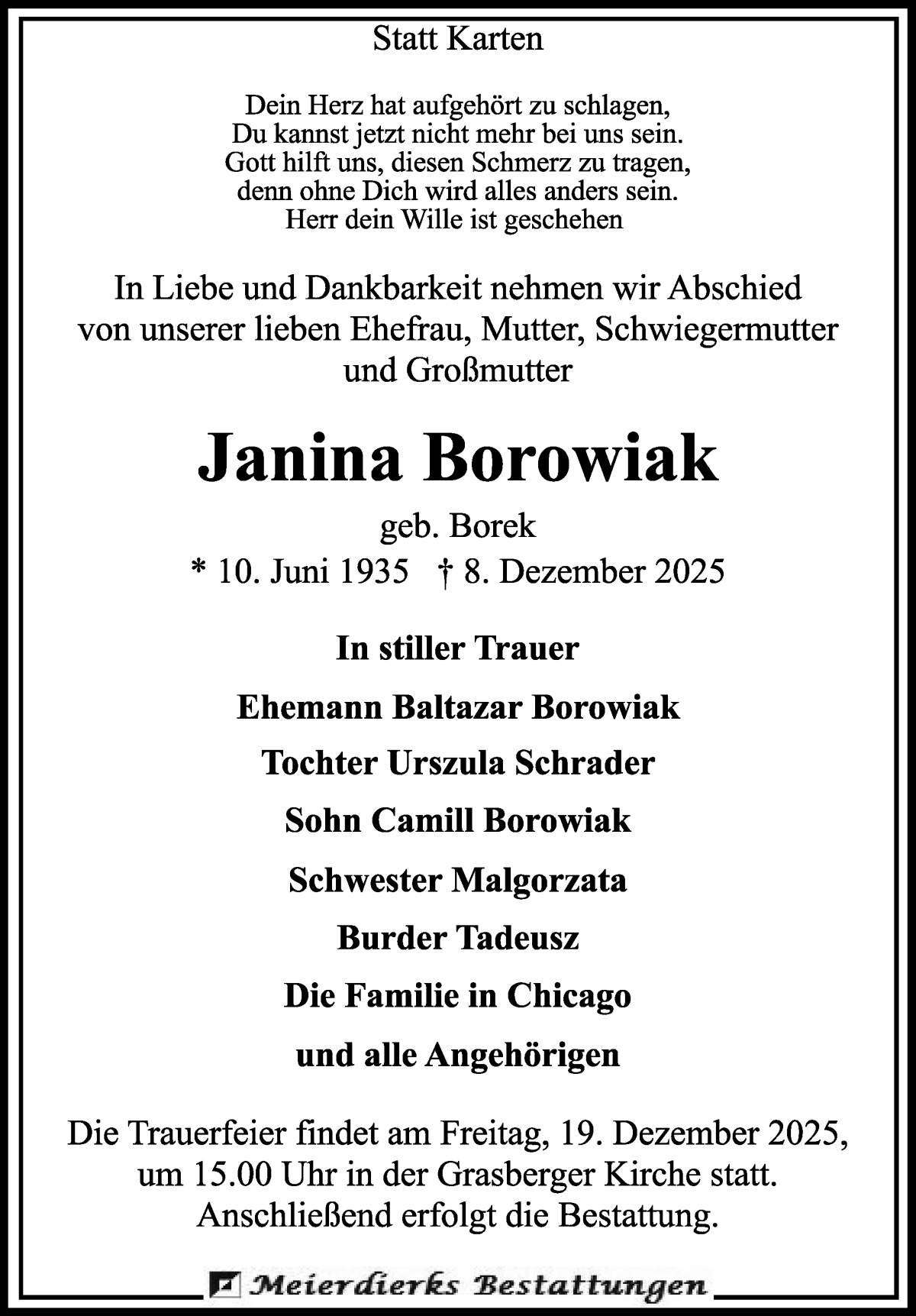 Traueranzeige von Janina Borowiak von Wuemme Zeitung