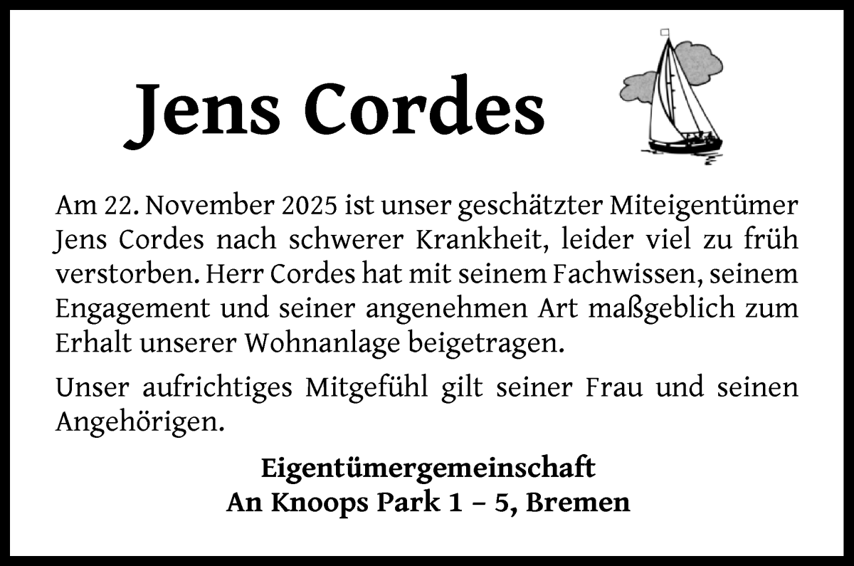 Traueranzeige von Jens Cordes von WESER-KURIER