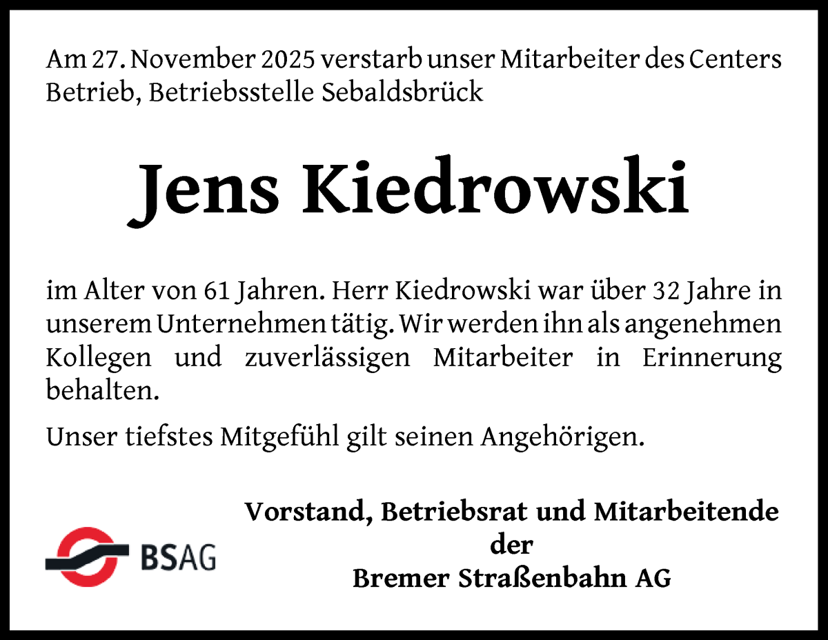 Traueranzeige von Jens Kiedrowski von WESER-KURIER