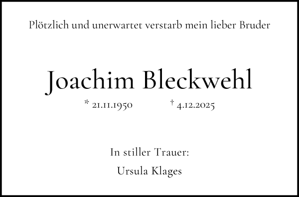 Traueranzeige von Joachim Bleckwehl von WESER-KURIER