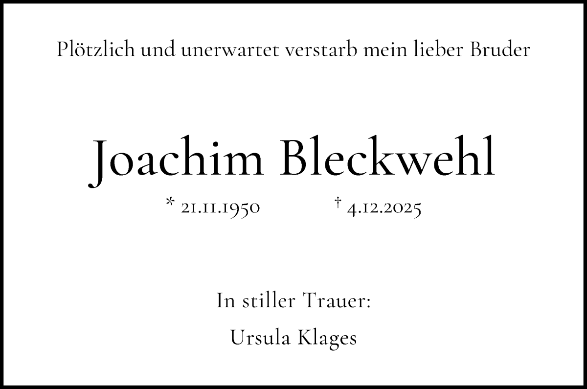  Traueranzeige für Joachim Bleckwehl vom 13.12.2025 aus WESER-KURIER