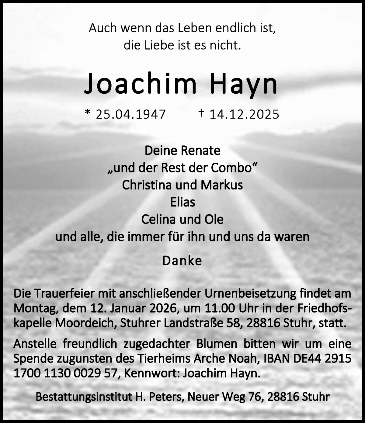 Traueranzeige von Joachim Hayn von WESER-KURIER