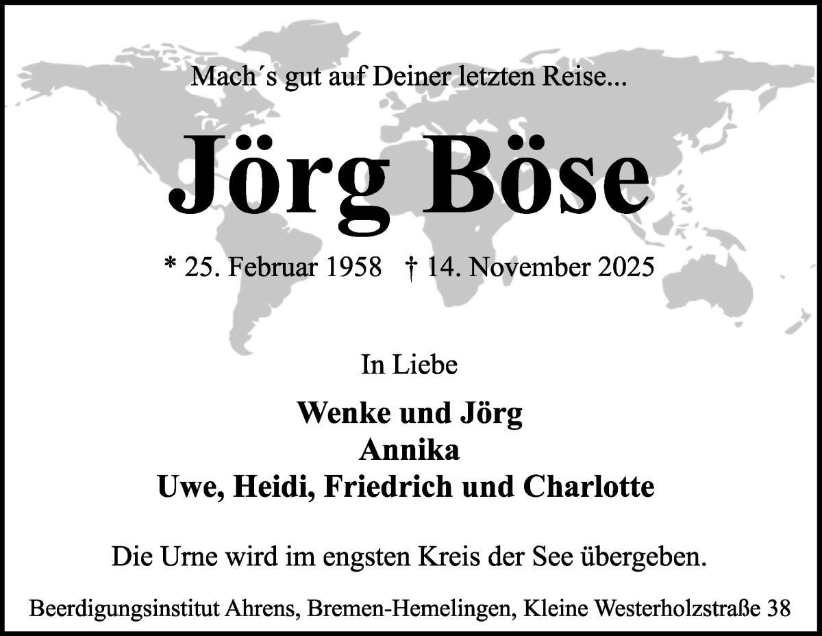 Traueranzeige von Jörg Böse von WESER-KURIER