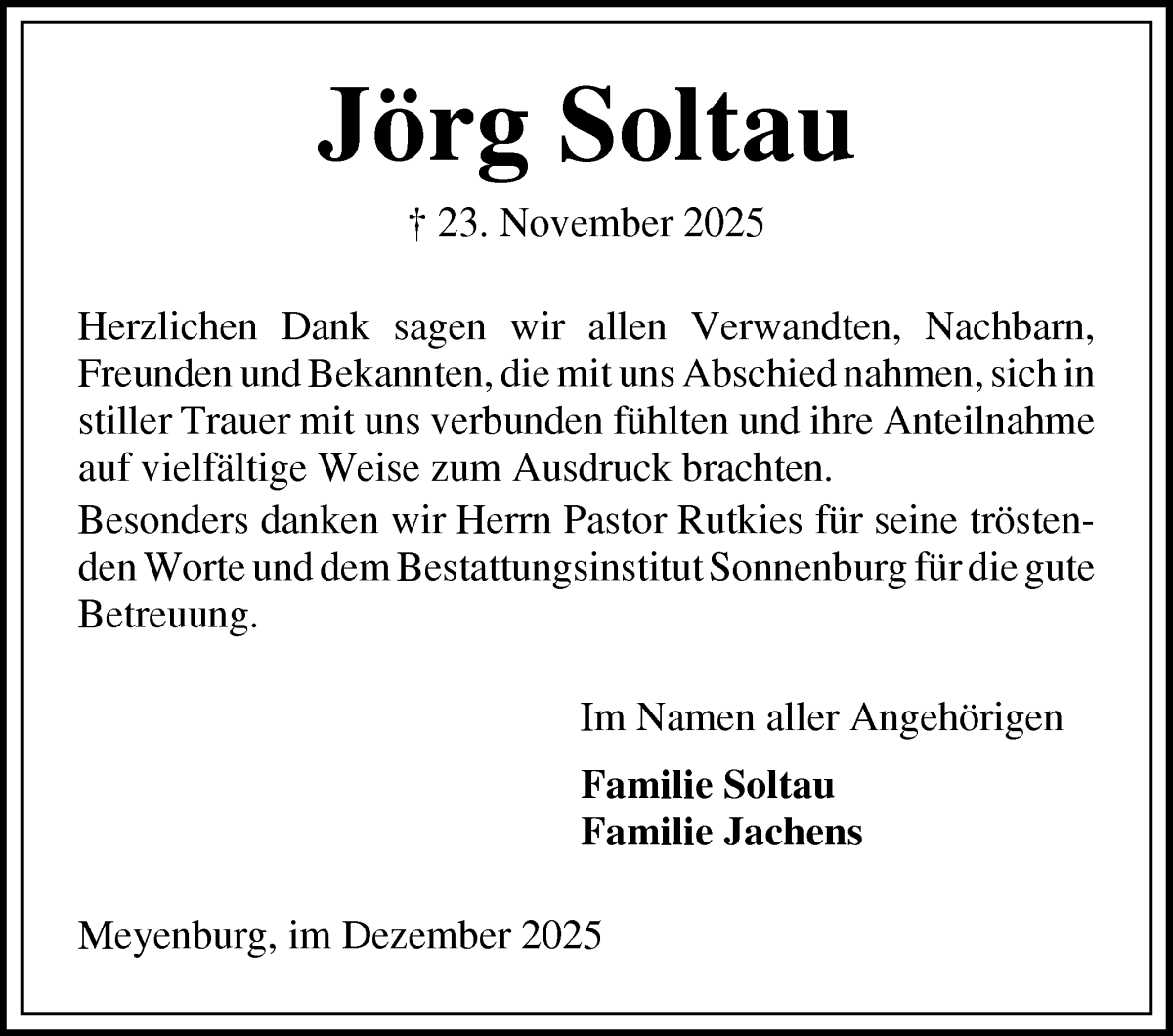 Traueranzeige von Jörg Soltau von Die Norddeutsche