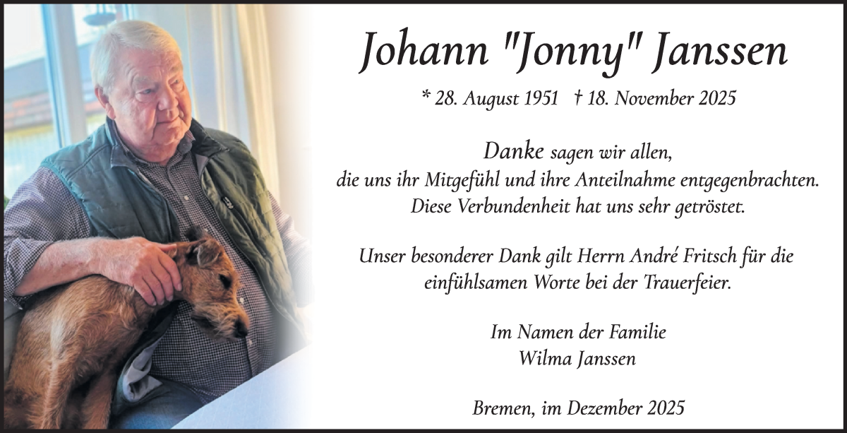 Traueranzeige von Johann Janssen von WESER-KURIER