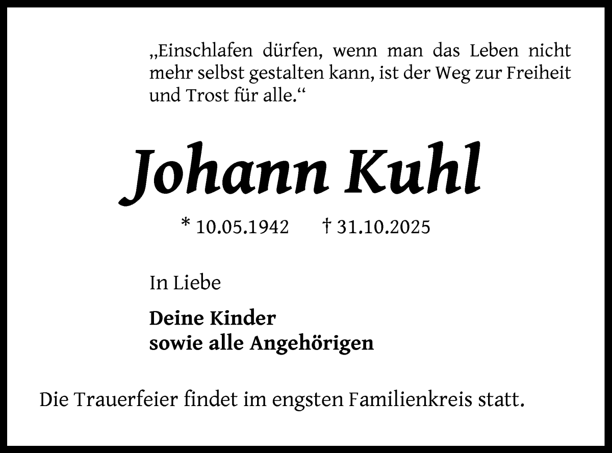 Traueranzeige von Johann Kuhl von WESER-KURIER