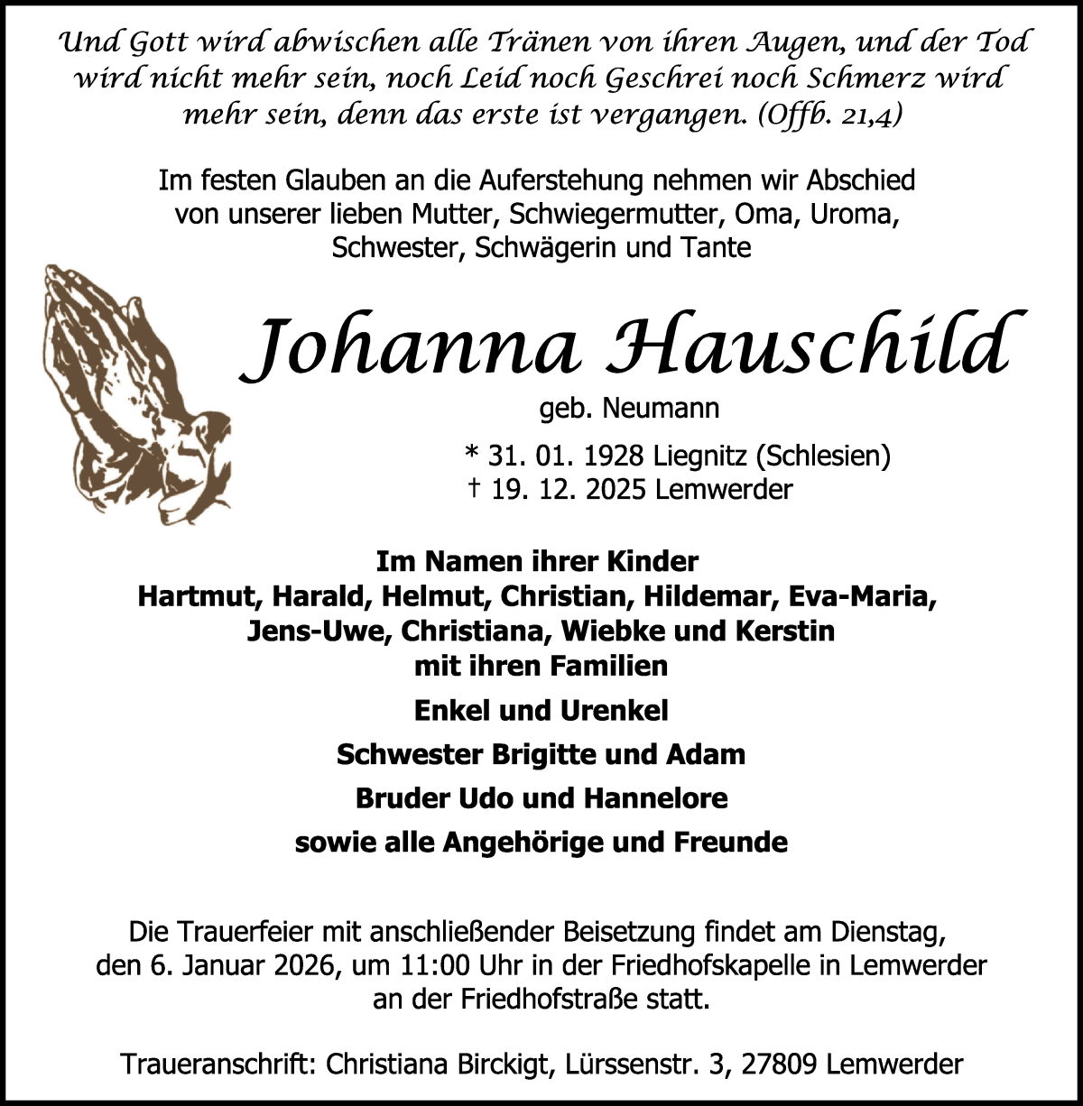 Traueranzeige von Johanna Hauschild von Die Norddeutsche
