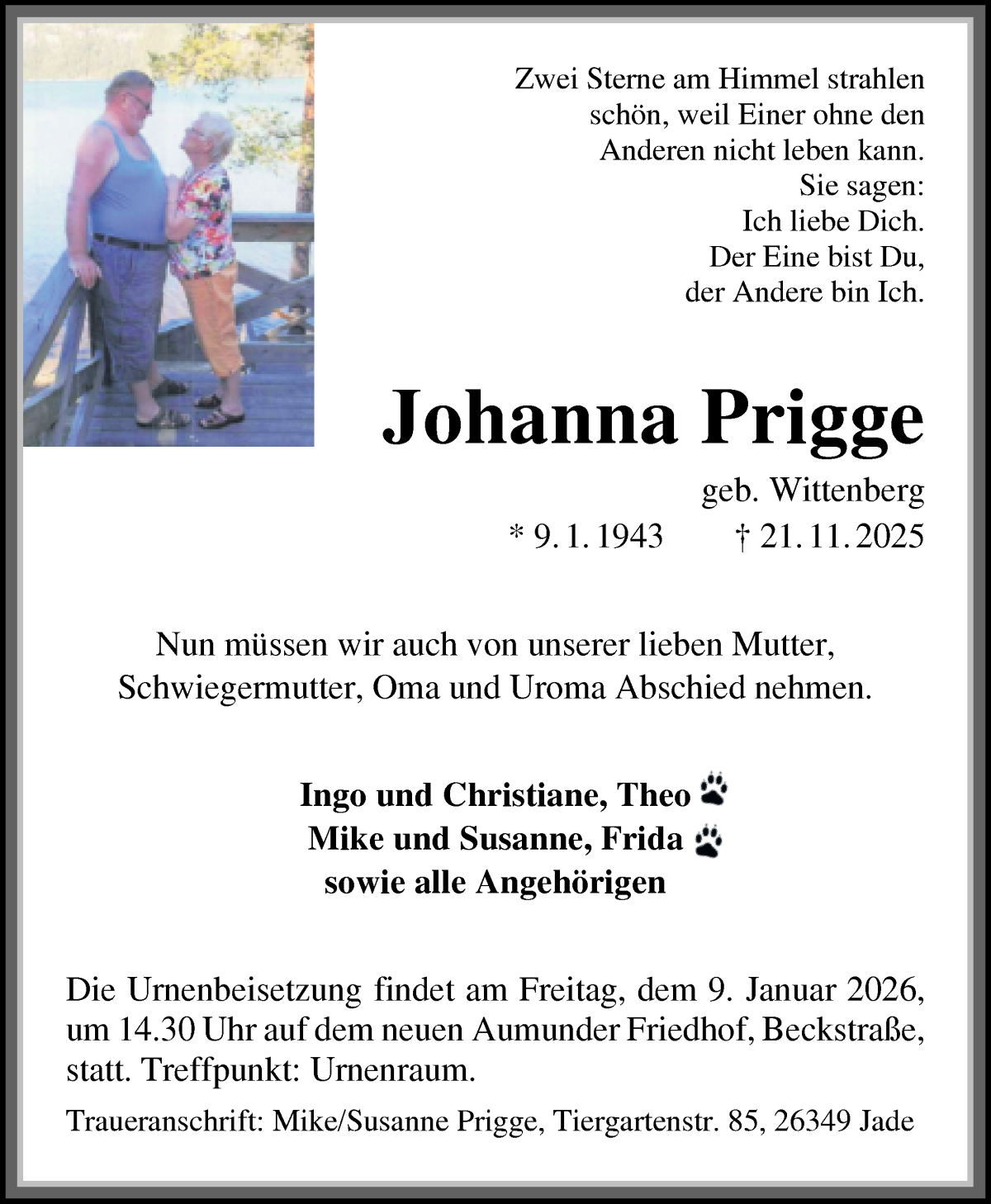 Traueranzeige von Johanna Prigge von Die Norddeutsche
