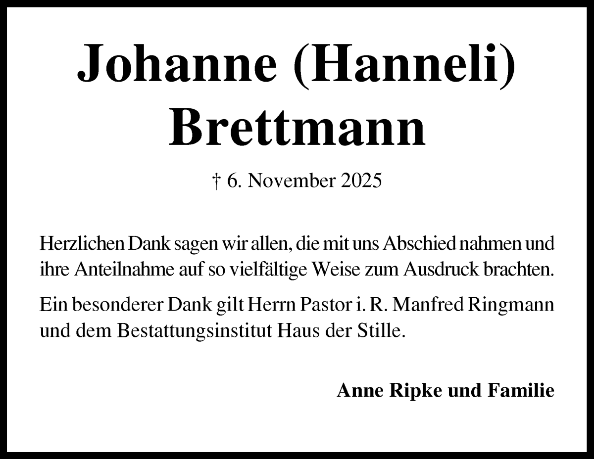 Traueranzeige von Johanne Brettmann von Achimer Kurier/Verdener Nachrichten