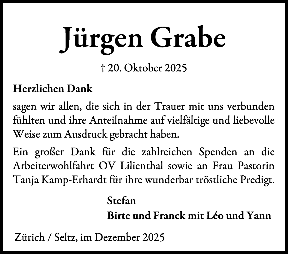 Traueranzeige von Jürgen Grabe von Wuemme Zeitung