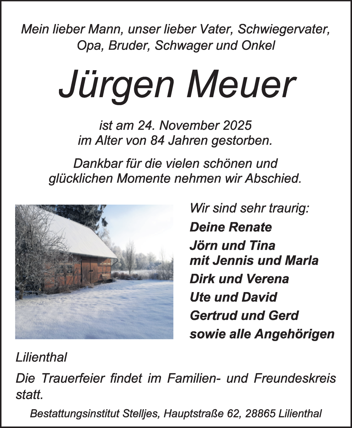 Traueranzeige von Jürgen Meuer von Wuemme Zeitung