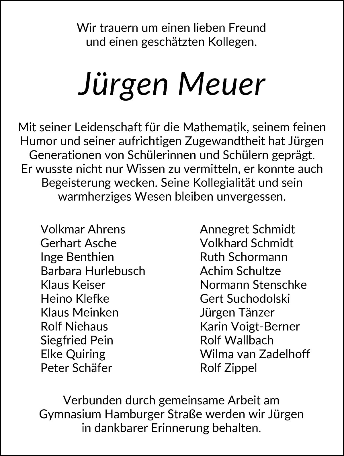 Traueranzeige von Jürgen Meuer von WESER-KURIER
