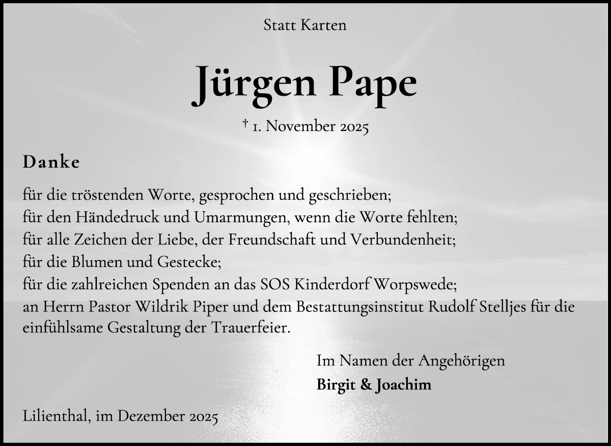 Traueranzeige von Jürgen Pape von Wuemme Zeitung