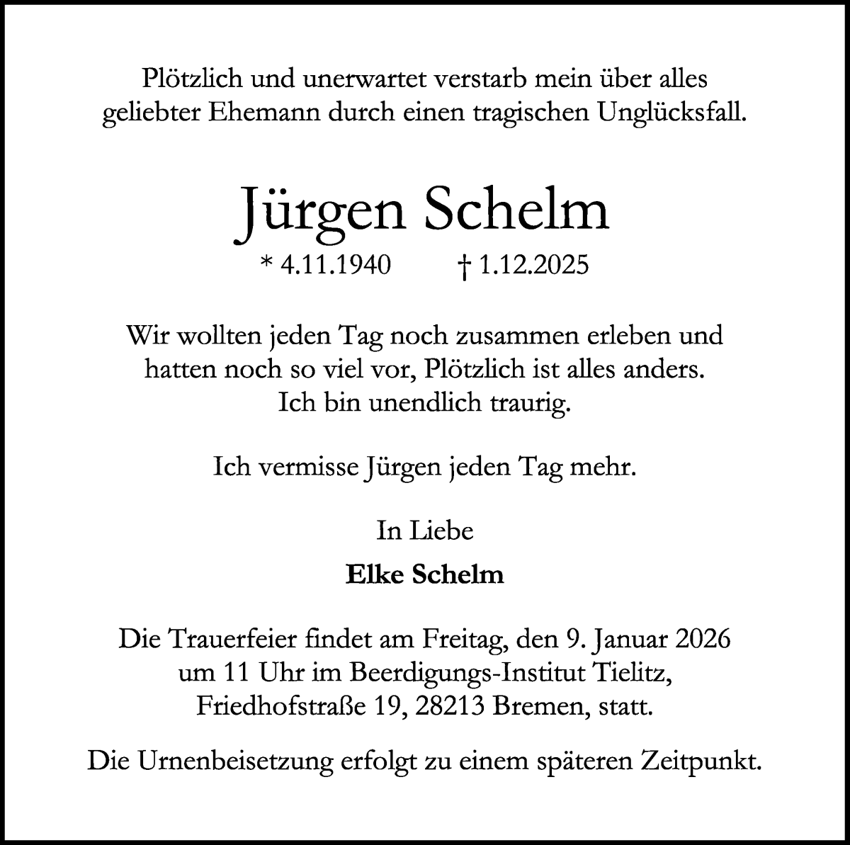  Traueranzeige für Jürgen Schelm vom 20.12.2025 aus WESER-KURIER