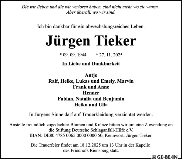 Traueranzeige von Jürgen Tieker von WESER-KURIER