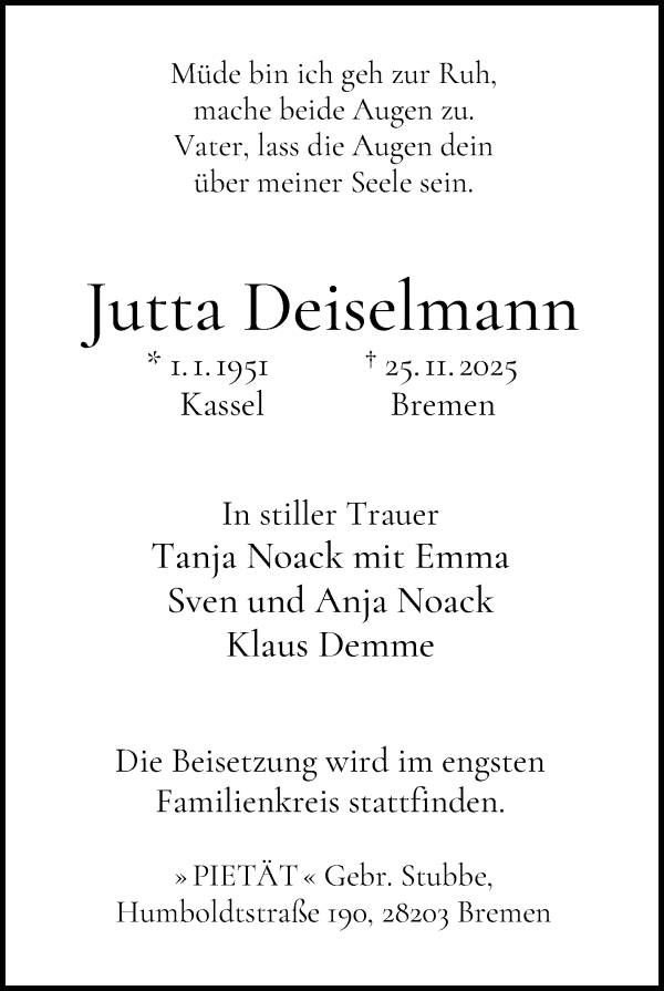 Traueranzeige von Jutta Deiselmann von WESER-KURIER